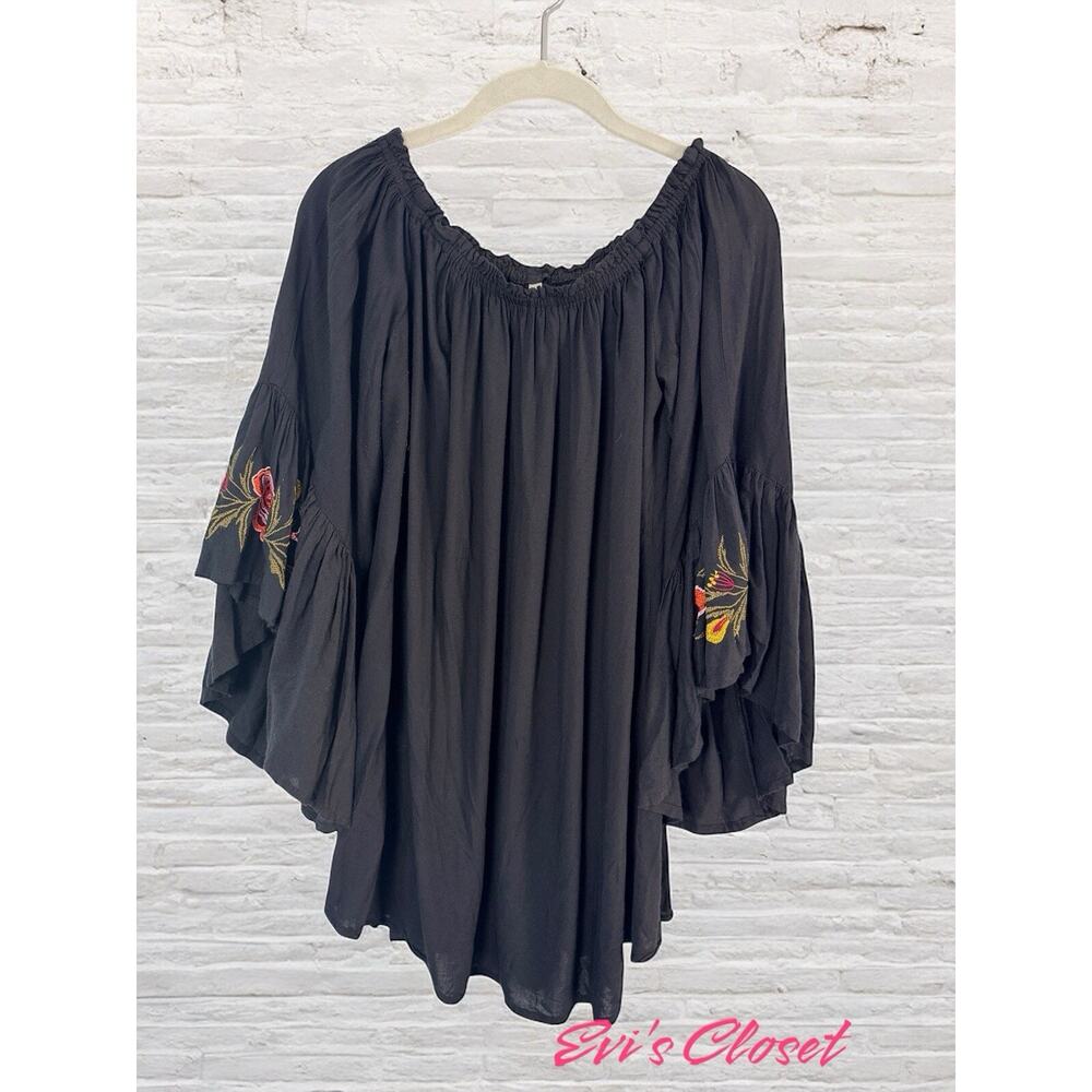 Feathers Women's Floral Embroidered Off The Shoulder Peasant Blouse Sz L Black